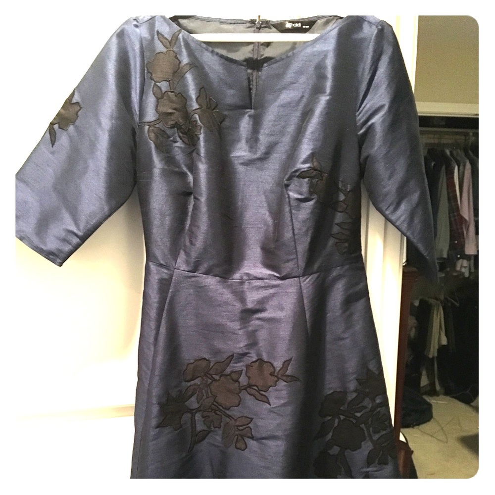 eShakti Midnight Blue Midi Dress with Black Floral Design